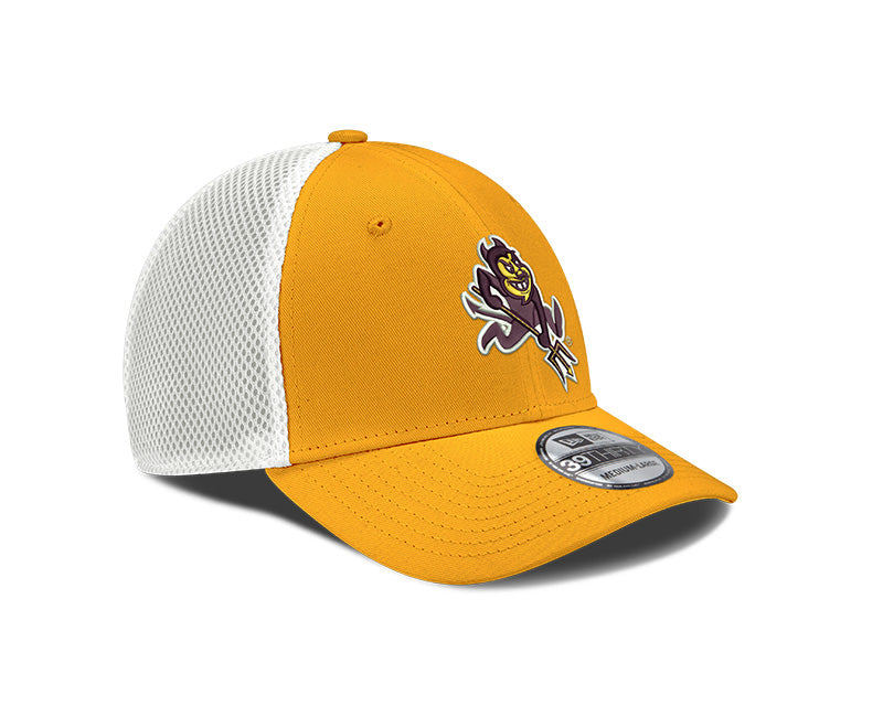 Right profile of ASU gold hat with white mesh back and Sparky
