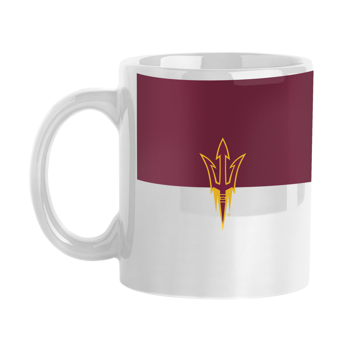 ASU white mug with maroon block on front and a pitchfork on top
