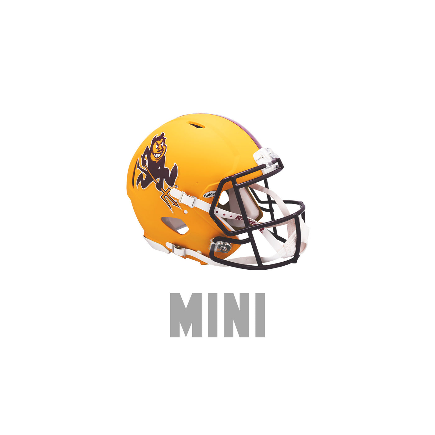 ASU gold mini football helmet with maroon mask and Sparky on the side