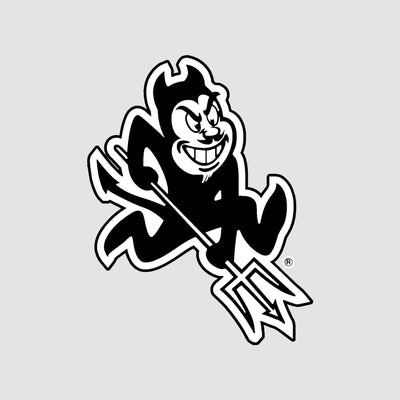 ASU Sparky decal in black with white outline and a black border