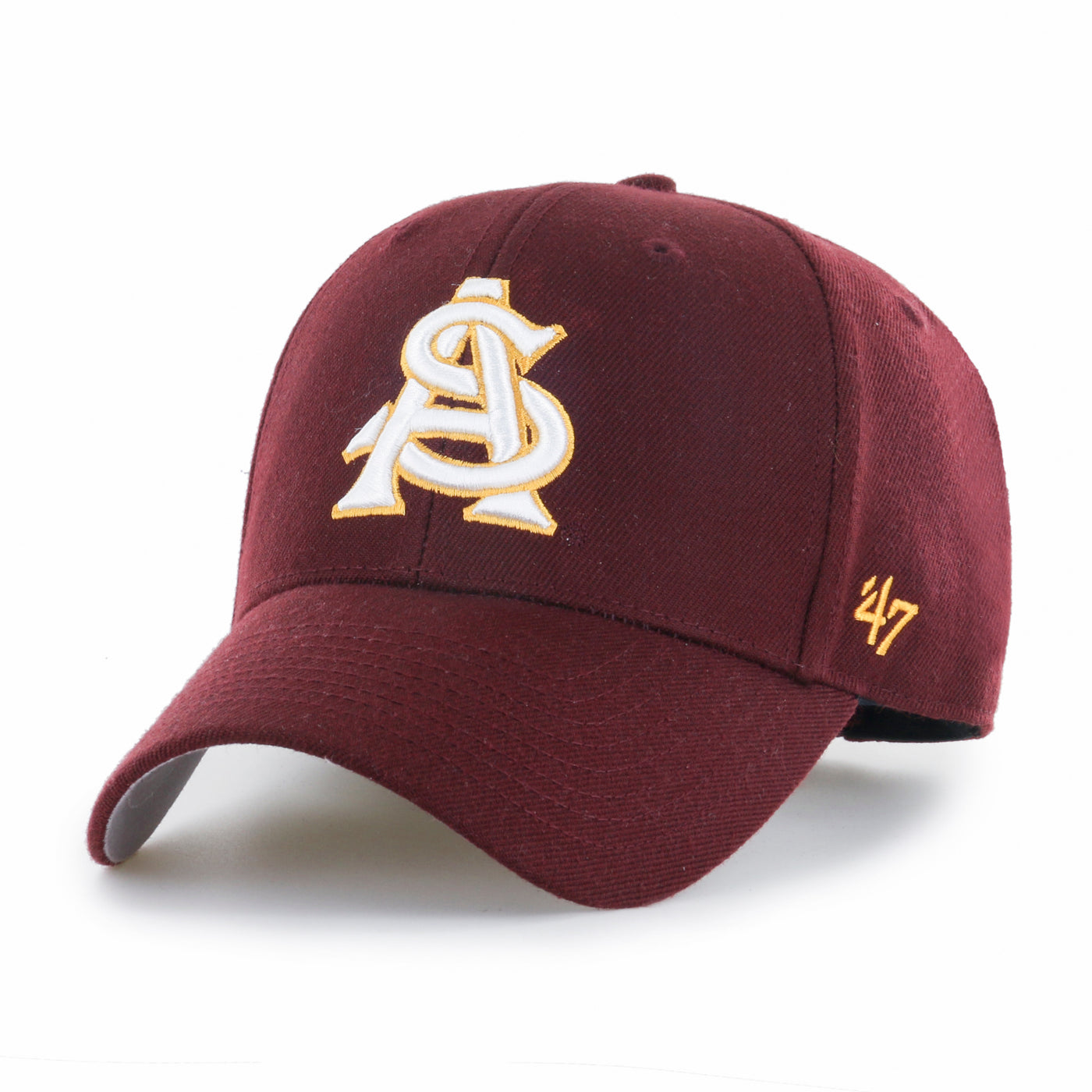 ASU maroon hat from 47Brand with white interlocking 'A' and 'S' embroidered on front