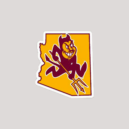 ASU mini magnet of Arizona outline with gold center and Sparky inside