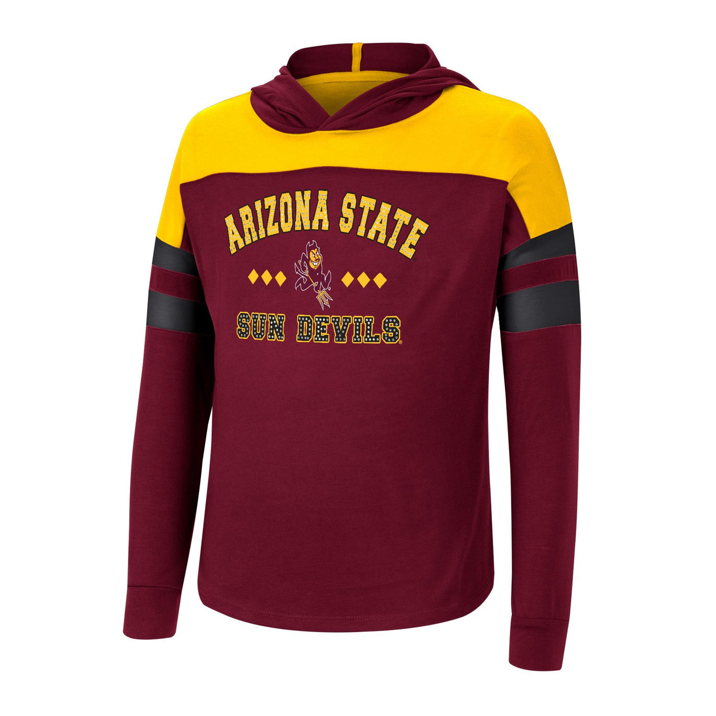 ASU girls hood long sleeve tee with maroon and gold coloring and 'Arizona State' above Sparky and 'Sun Devils' belwo it all