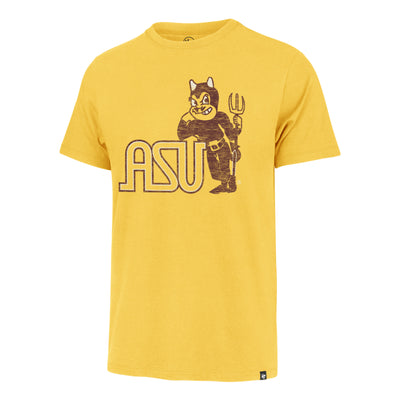 ASU gold tee with ASU text outlined in white and maroon. Features a vintage sparky leaning on his arm over the U.