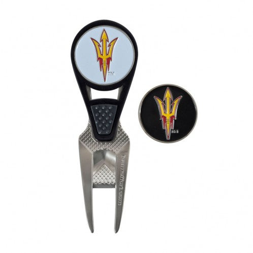 ASU golf divot set includes magnetic golf ball markers in black and white with pitchfork emblems