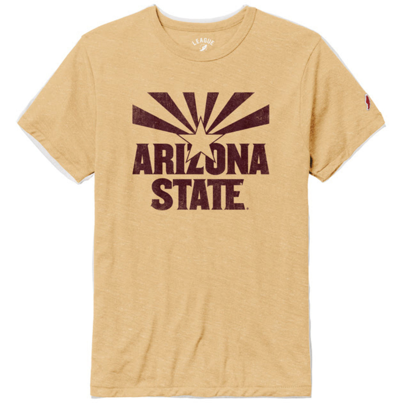 ASU gold shirt with maroon Arizona state flag outline above the text 