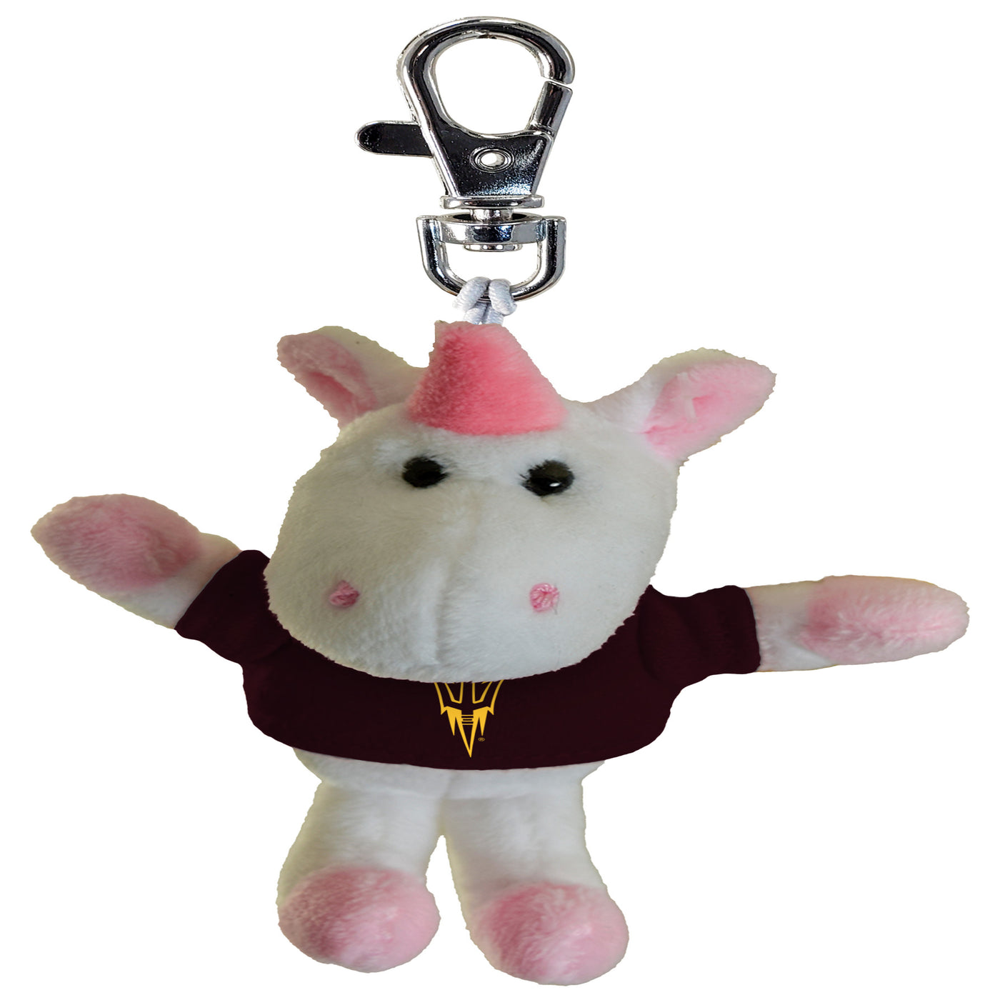 ASU key chain of a small white and pink unicorn wearing a maroon shirt with pitchfork gold outline on the chest of the shirt.