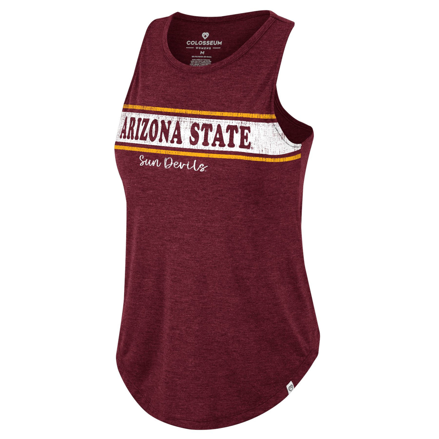 ASU maroon women's tank. There are three stripes on the front. Two smaller gold stripes on the top and bottom of a larger white stripe. within the white stripe is the text 