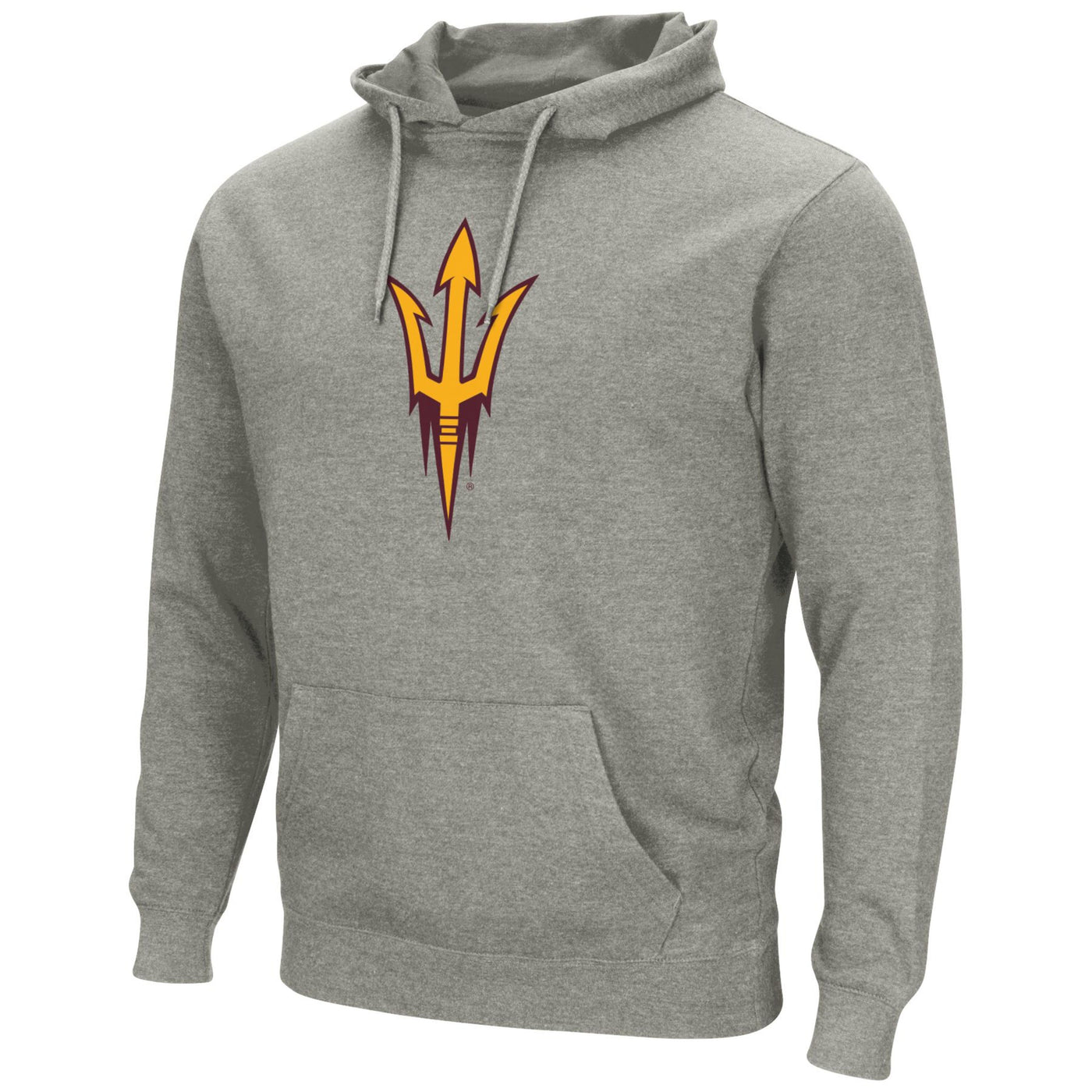 ASU heather gray hoody with drawstring, front pocket, and a maroon and gold pitchfork