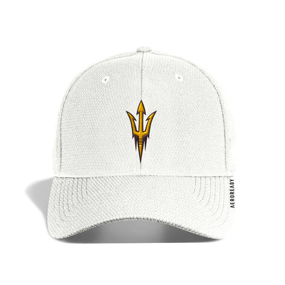 ASU white hat with curved bill and a pitchfork logo on front panel.