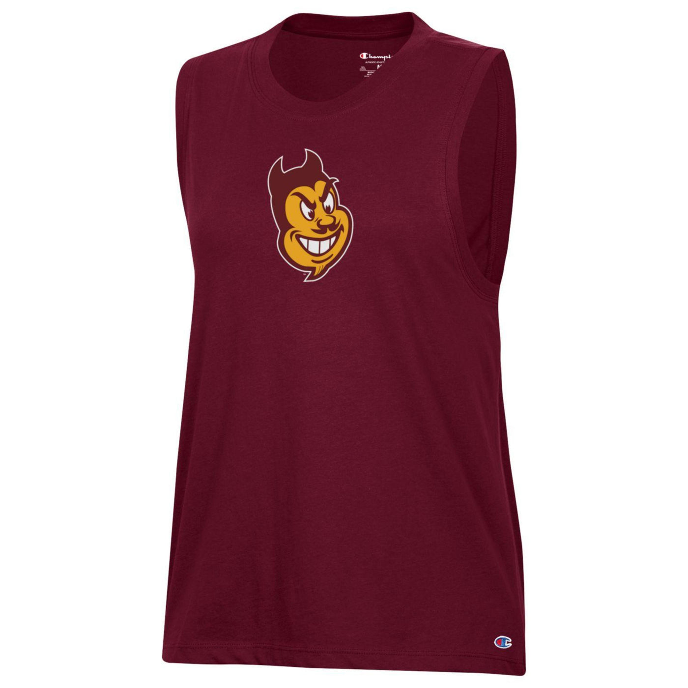 ASU maroon womens tank top with the msacot sparky face on the center of chest