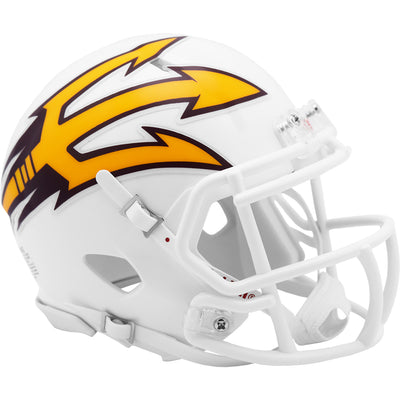 ASU mini football helmet in white with gold pitchfork on the right side