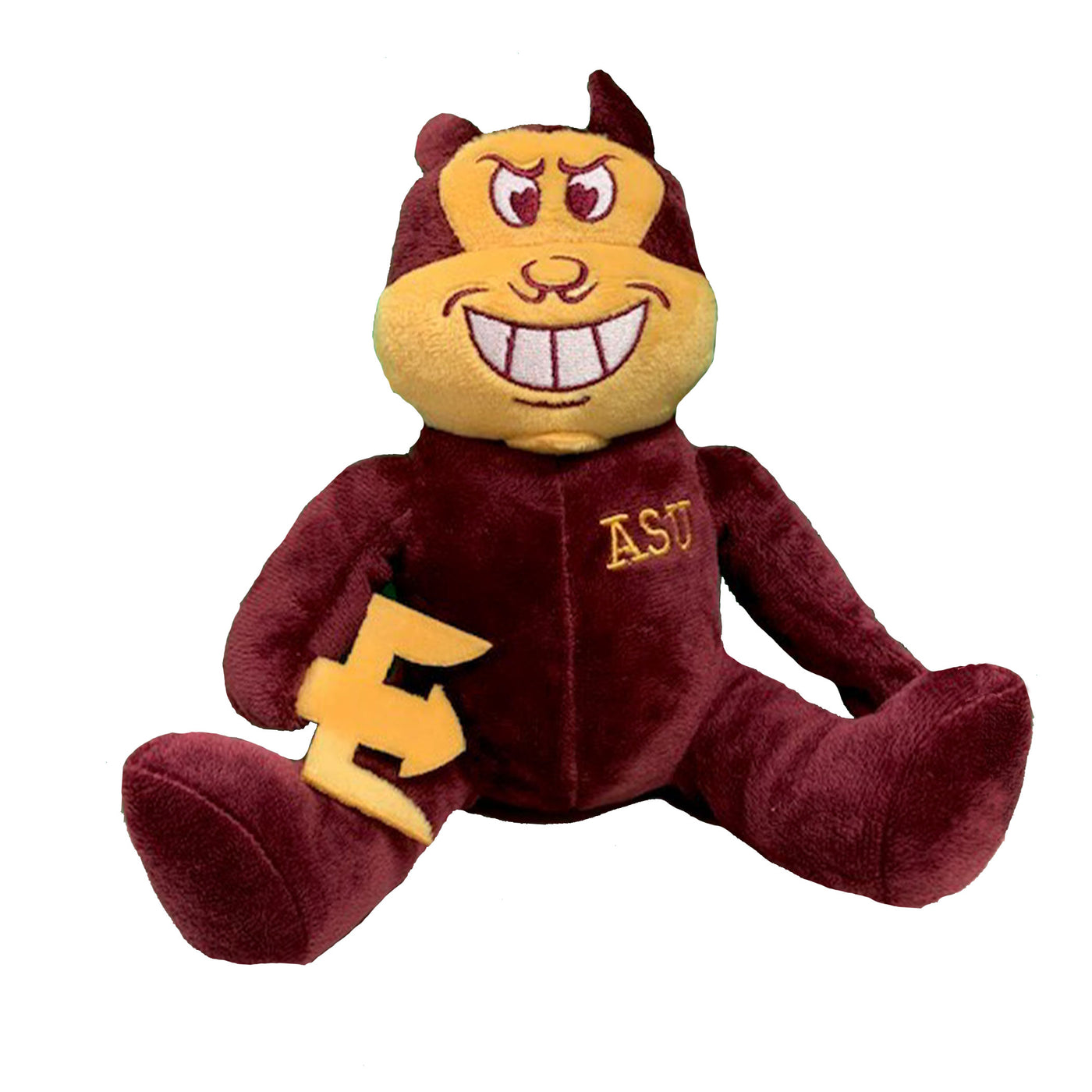 ASU sitting Sparky with soft maroon and gold fabric
