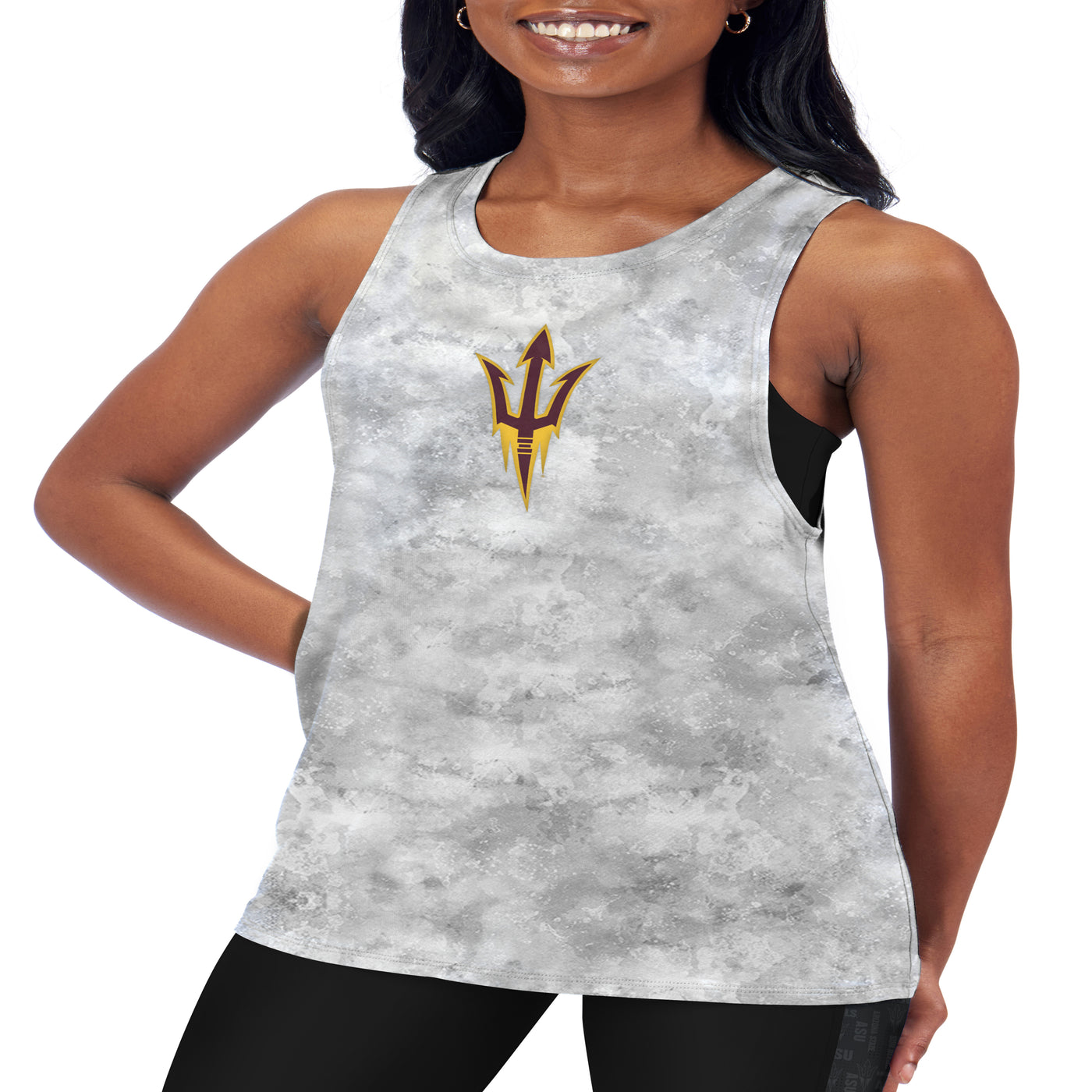 ASU gray women's muscle tank with blotch design and a pitchfork on the chest