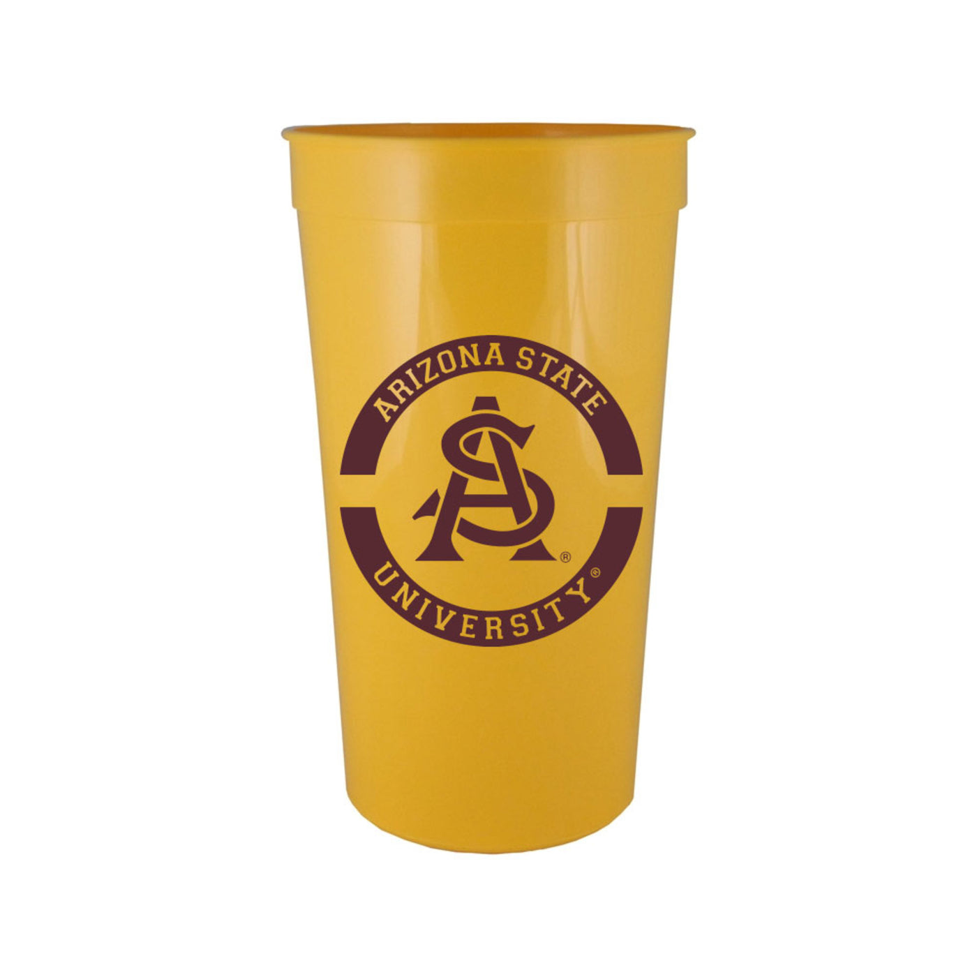 ASU gold tumbler cup with interlocking 'A' and 'S' circled by Arizona State University