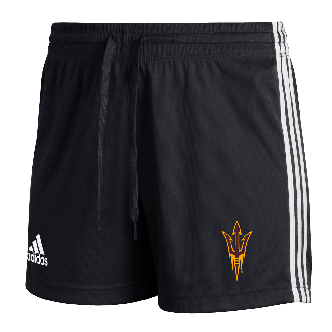 ASU women's black shorts with 3 white stripes down the sides, an Adidas logo on one leg and a pitchfork on the other
