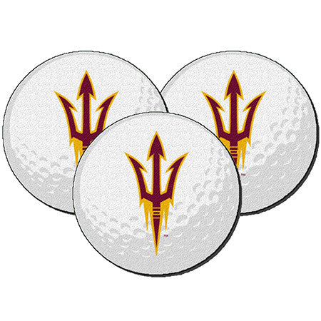 ASU set of 3 white golfballs each with a pitchfork in maroon and gold