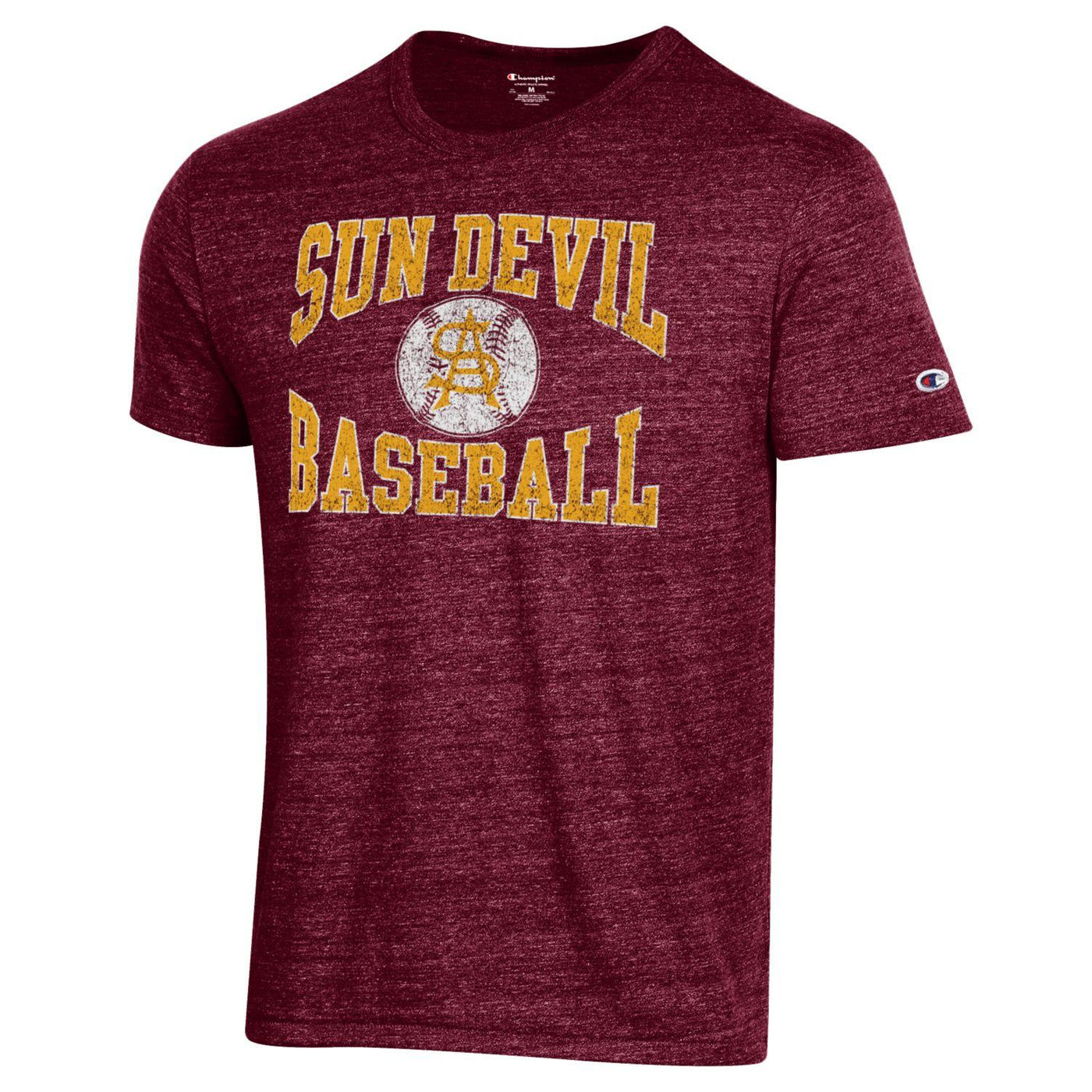ASU tee in heather maroon that says 'Sun Devil Baseball' with a baseball on front