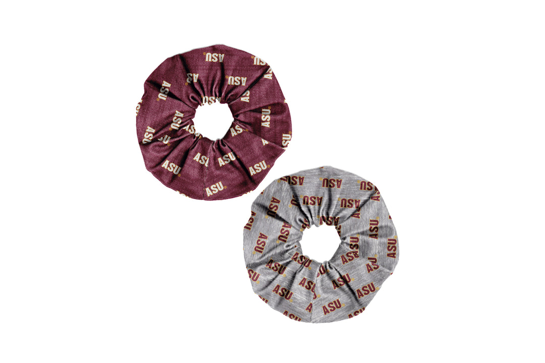 ASU scrunchie in maroon with white 'ASU' detail and gray with maroon 'ASU' detailing