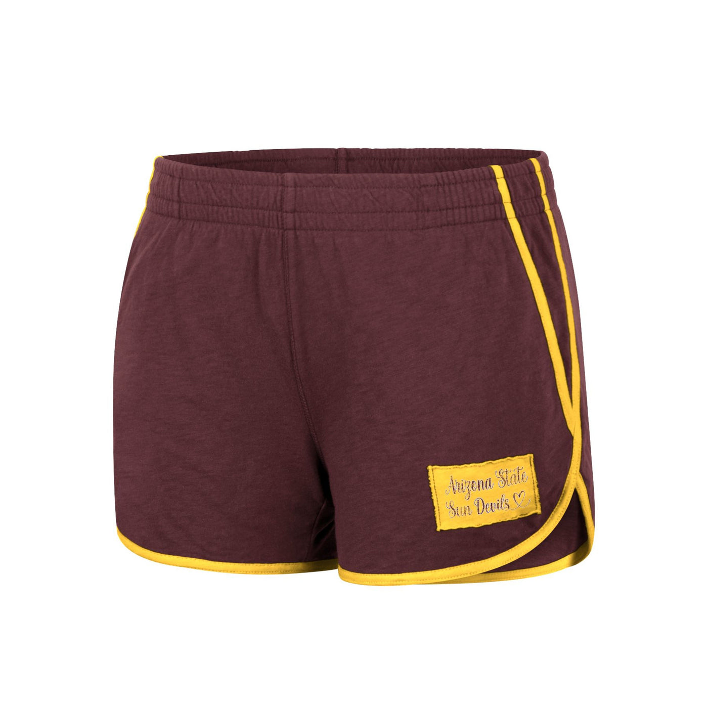 ASU maroon women's shorts with gold outline and a gold patch with 'Arizona State Sun Devils' lettering