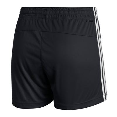 Back view of ASU black women's shorts with elastic waistband and 3 white stripes down the side