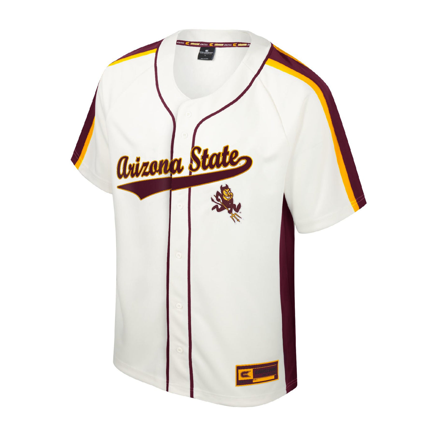 ASU youth white basketball jersey with maroon trim down the button line.A thick maroon stripe down the shoulder and down the side on the shirt. on the shoulder the maroon stripe is surrounded by two gold stripes. On the fron of the jersey is the cursive text 