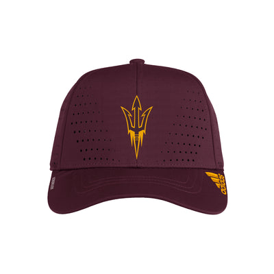 ASU maroon Adidas hat with pitchfork on the front and breathable holes in fabric