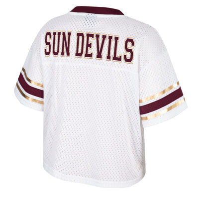 Backside of ASU cropped jersey. There is the text "sun devils" in maroon with metallic gold outline around each letter.