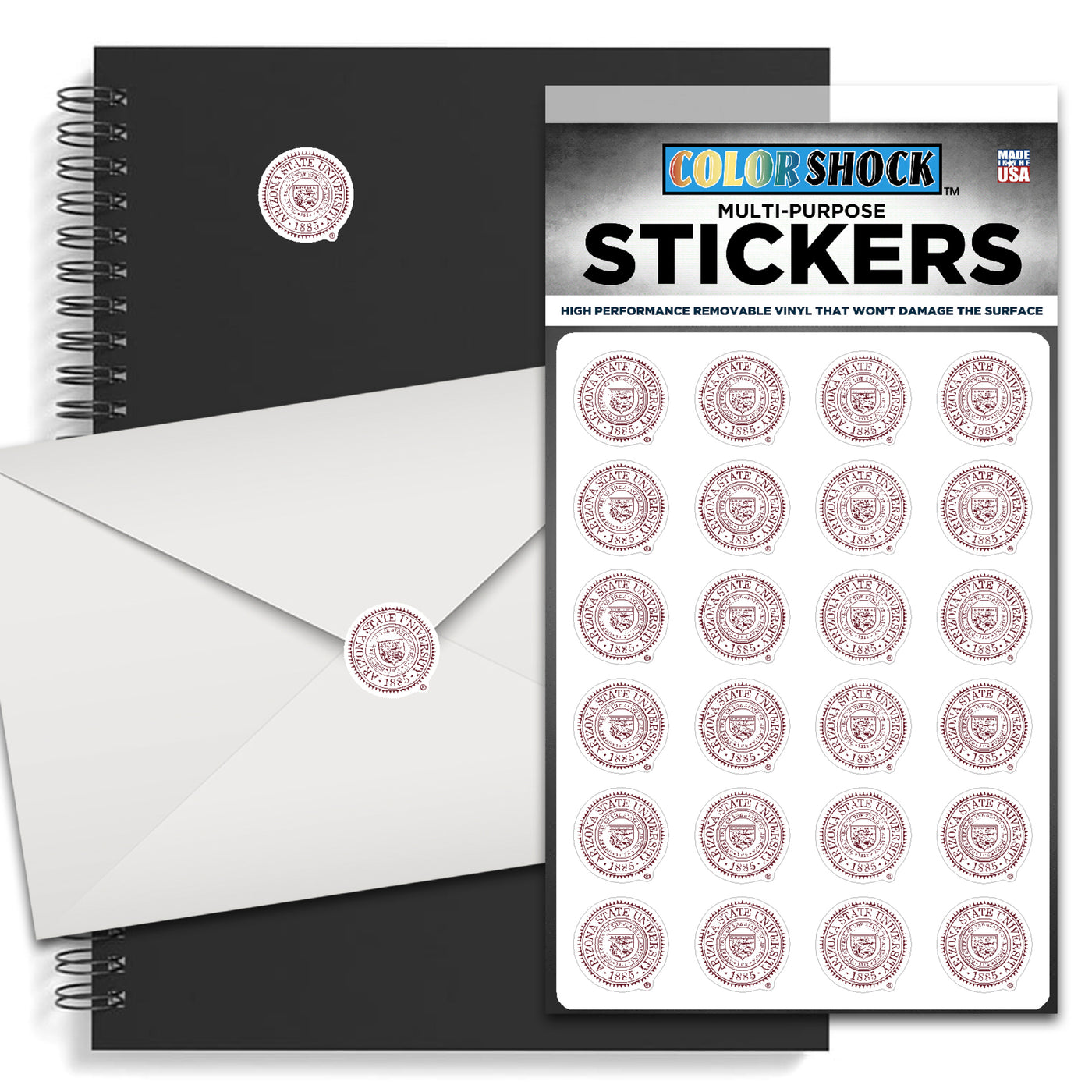 A notebook and a letter each featuring an ASU Seal sticker, as well as packaging with 24 ASU Seal Stickers.