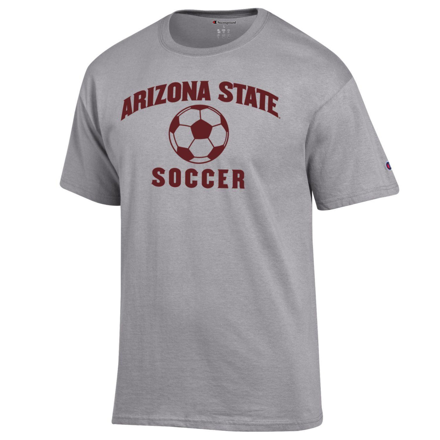 ASU gray Champion tee with 'Arizona State Soccer' lettering surrounding a soccer ball