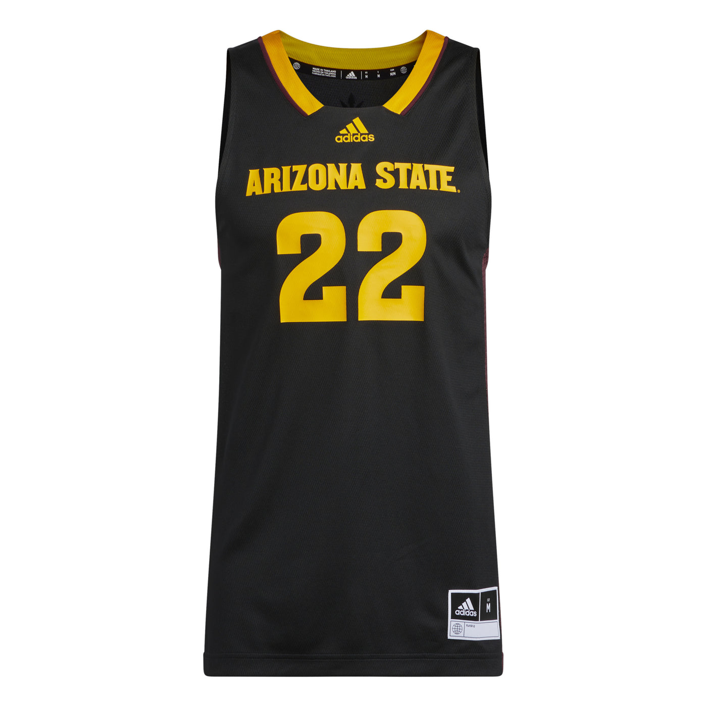 ASU black Adidas basketball jersey with 'Arizona State' letters above '22' and gold features