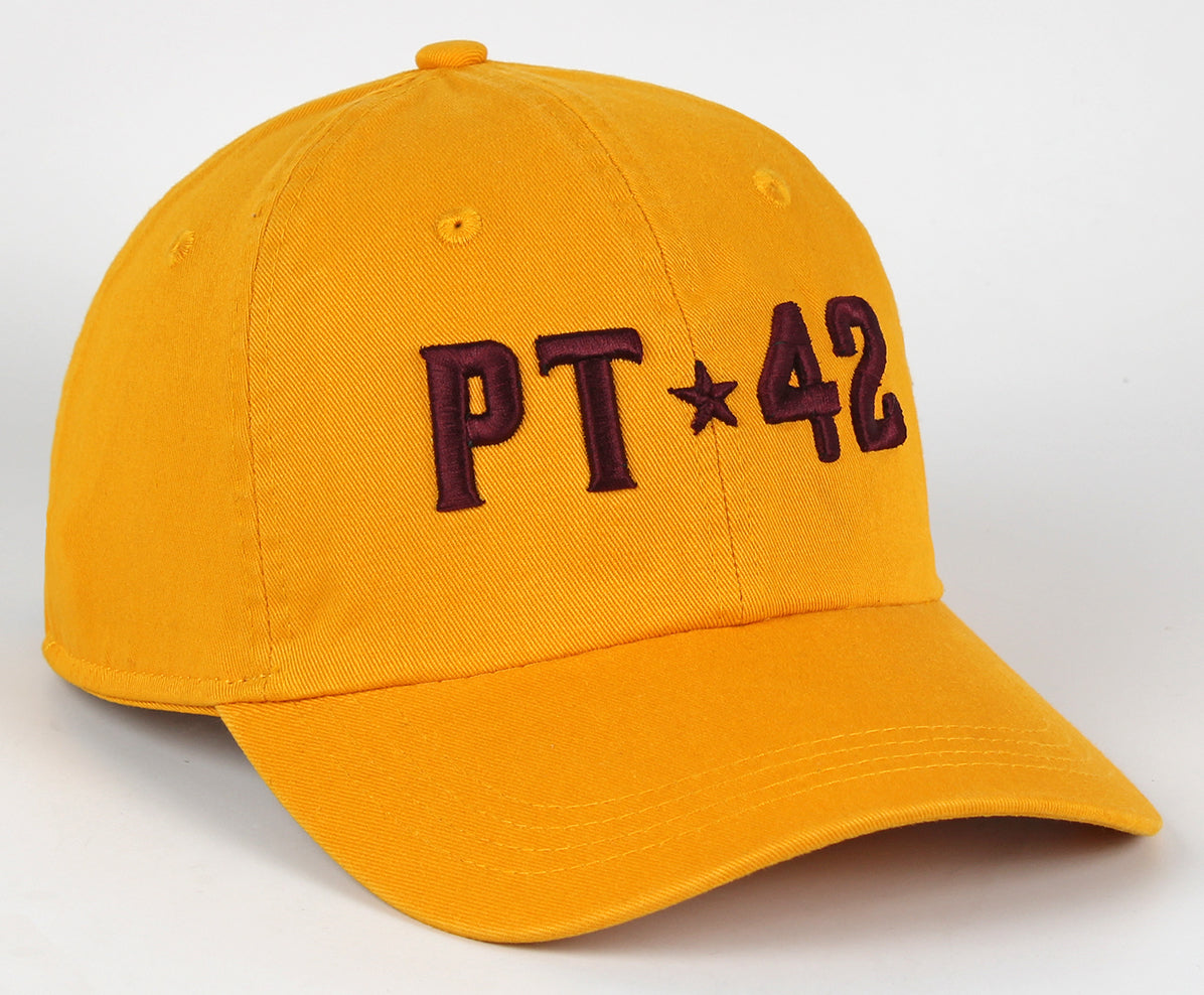 ASU gold adjustable hat with 'PT' and '42' embroidered in maroon with a star in the middle for Pat Tillman