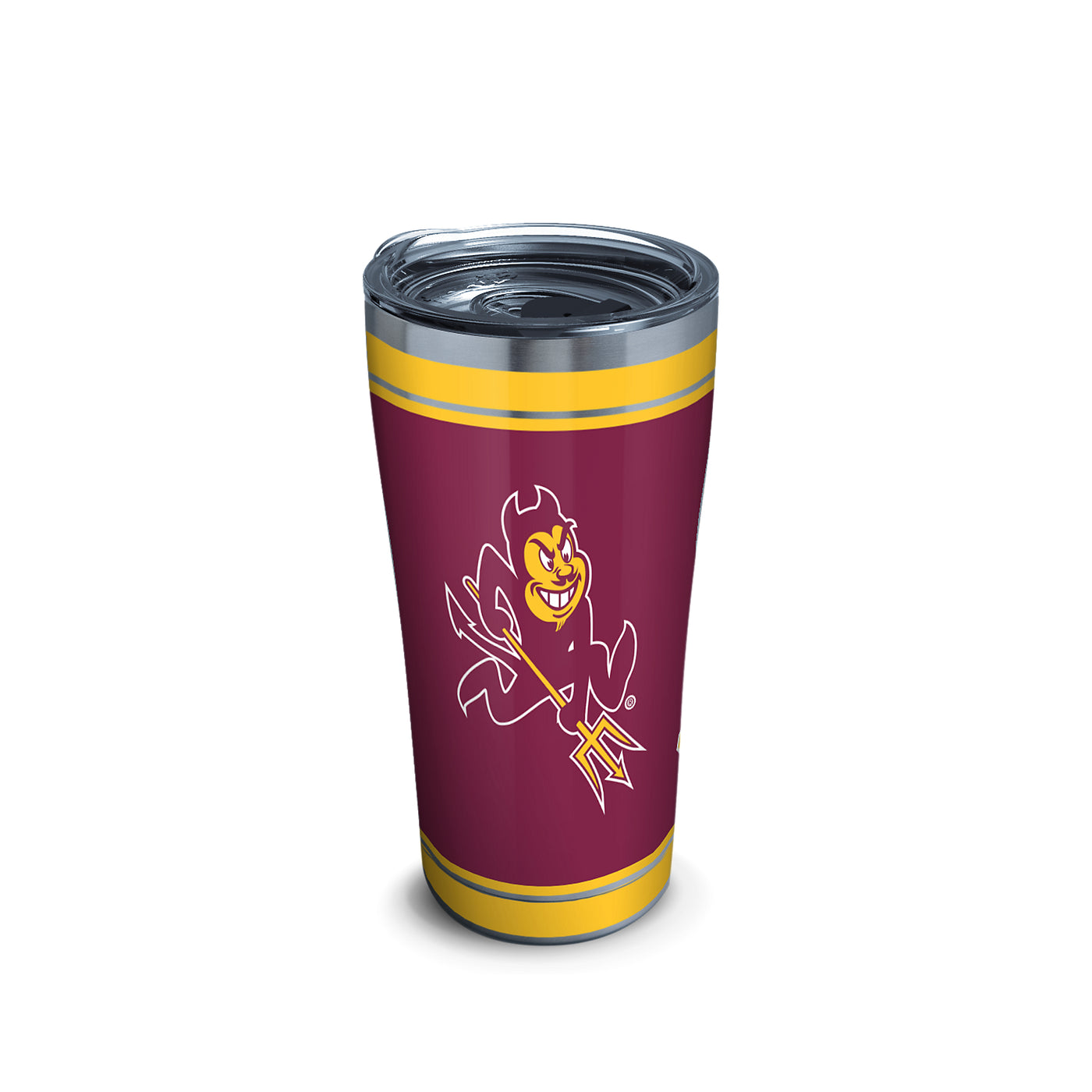 ASU maroon tumbler and cap with gold and silver stripes at top and bottom and Sparky in the center