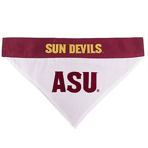 ASU reversible dog bandana with maroon mesh collar saying 'Sun devils' and a white bandana saying 'ASU'