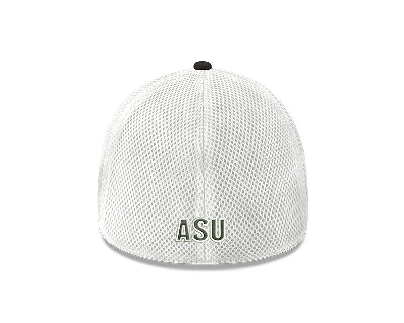 Back of ASU stretch fit hat with white mesh back and 'ASU' lettering at base of shell