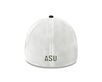 Back of ASU stretch fit hat with white mesh back and 'ASU' lettering at base of shell