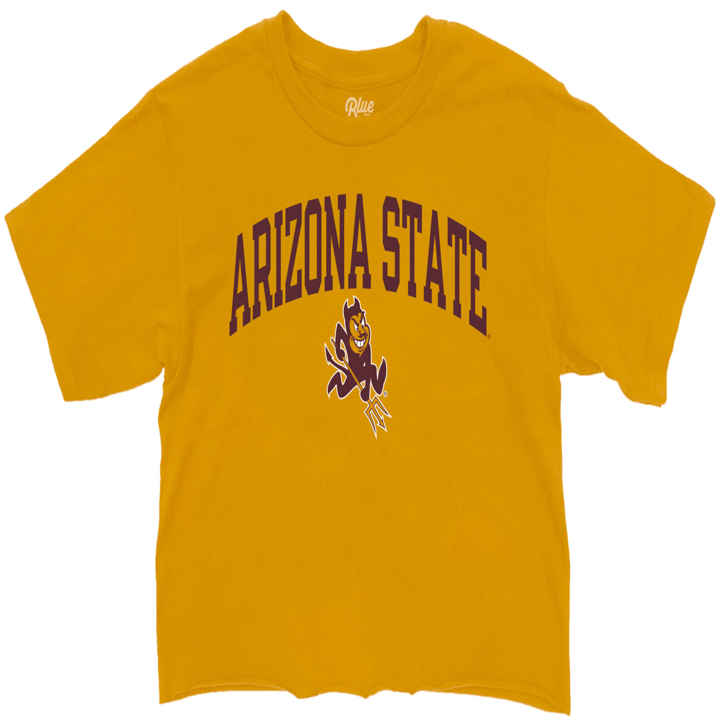 ASU gold crop tee with 'Arizona State' lettering arched over a Spakry