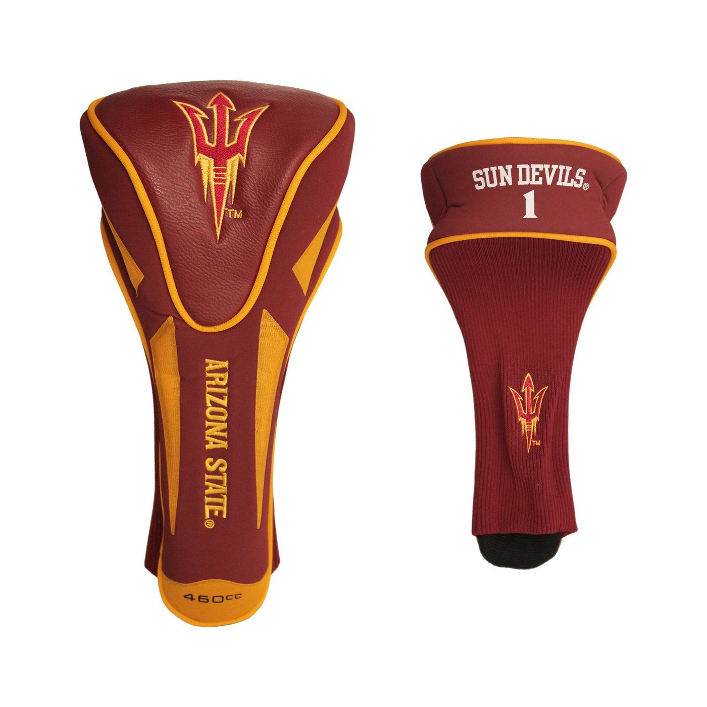 ASU maroon leather Apex Head Cover with Pitchforks, gold detailing, and 'Arizona State' 'Sun Devils' lettering