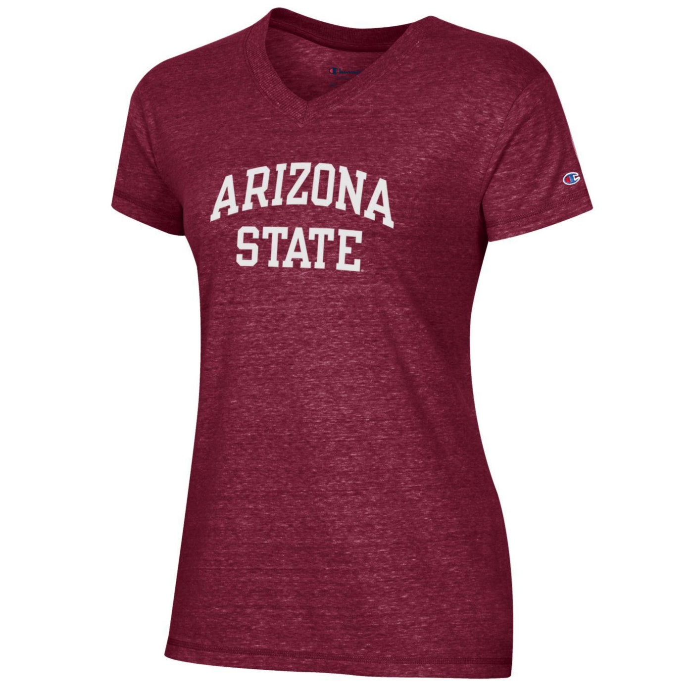 ASU women's maroon v-neck shirt with the text 