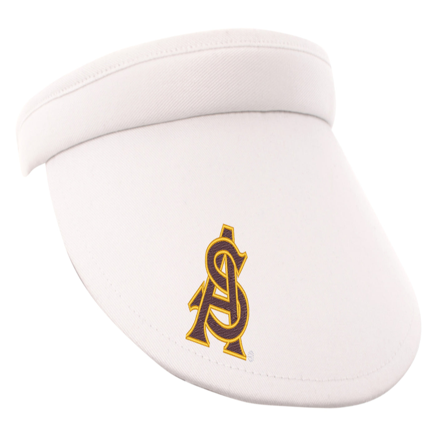 ASU white ladies visor with an interlocking A&S maroon and gold embroidered logo on the right bottom corner of the brim. 