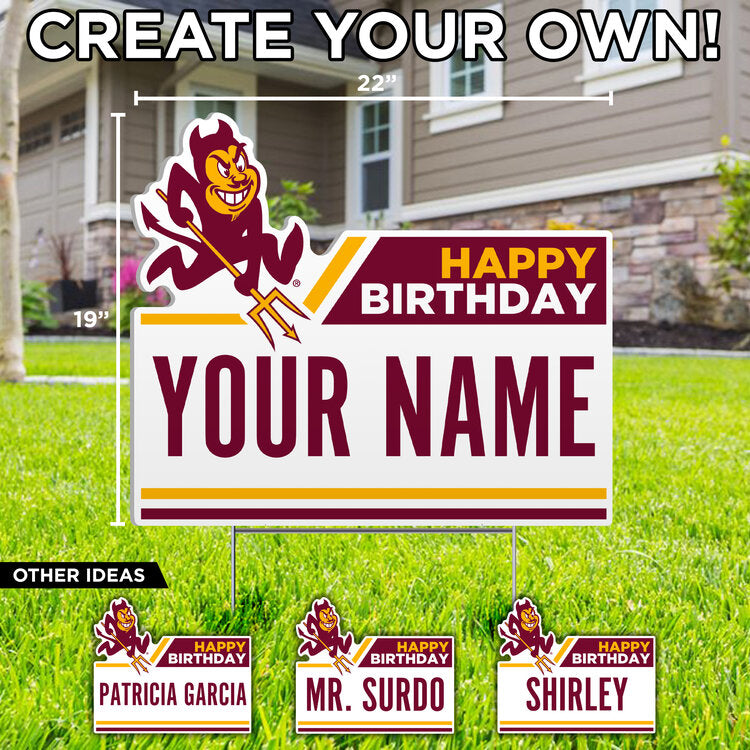 'Create your own' lettering above a lawn sign saying 'Happy Birthday, Your Name' with Sparky in the right upper corner
