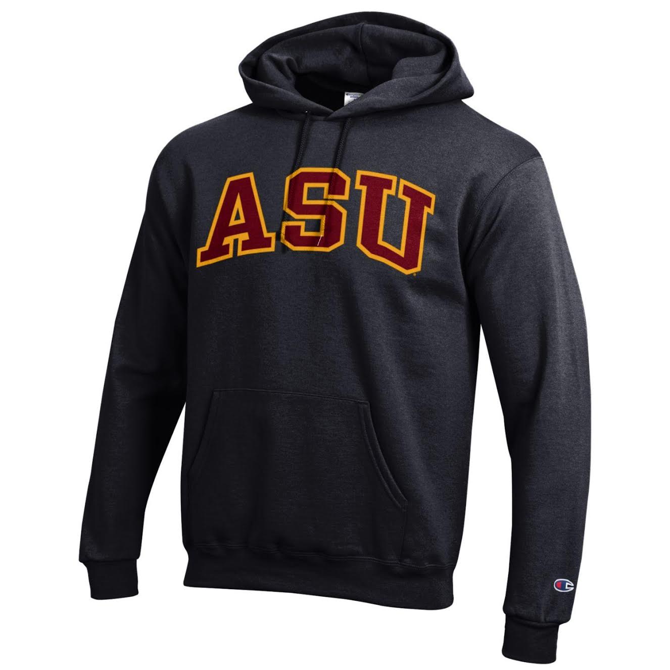 ASU black champion hoodie with ASU stitched across chest in maroon and gold.