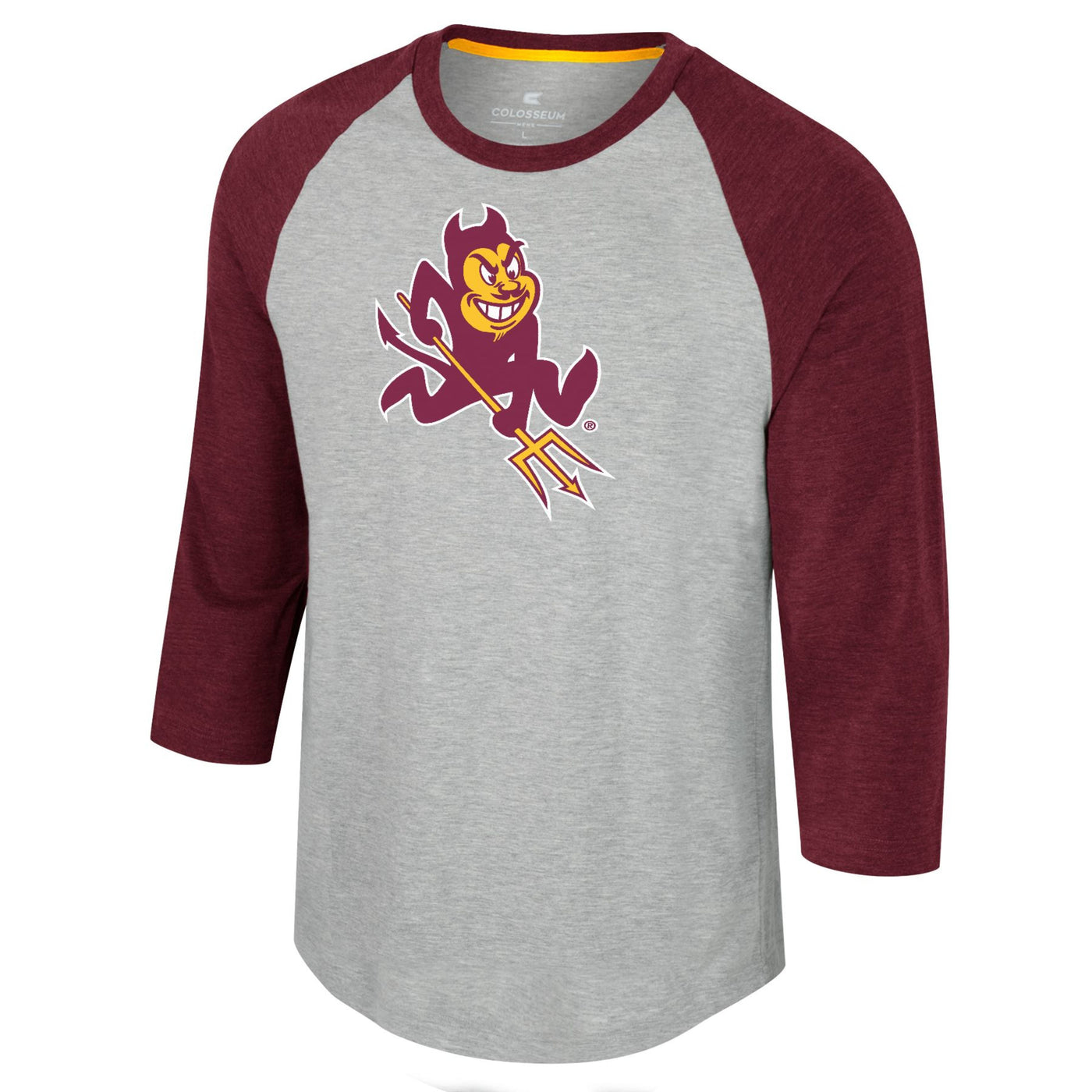 ASU grey long sleeve shirt with maroon sleeves and neckline. A large sparky mascot on chest,