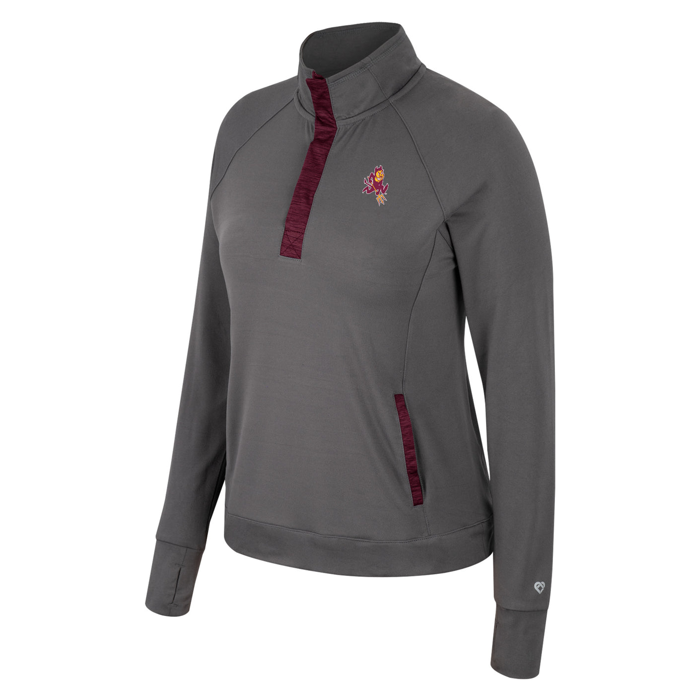 ASU gray women's 1/4 snap jacket with maroon detailing on the pocket and snap with Sparky on the chest and thumb holes