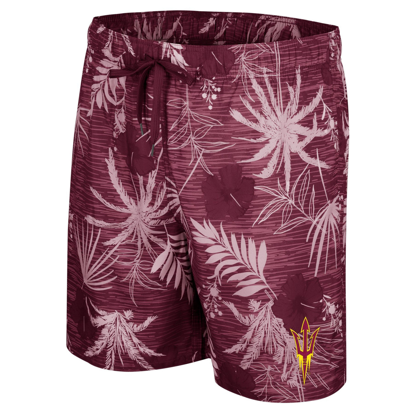 ASU maroon tropical swim shorts with a maroon drawstring and a pitchfork on the left leg
