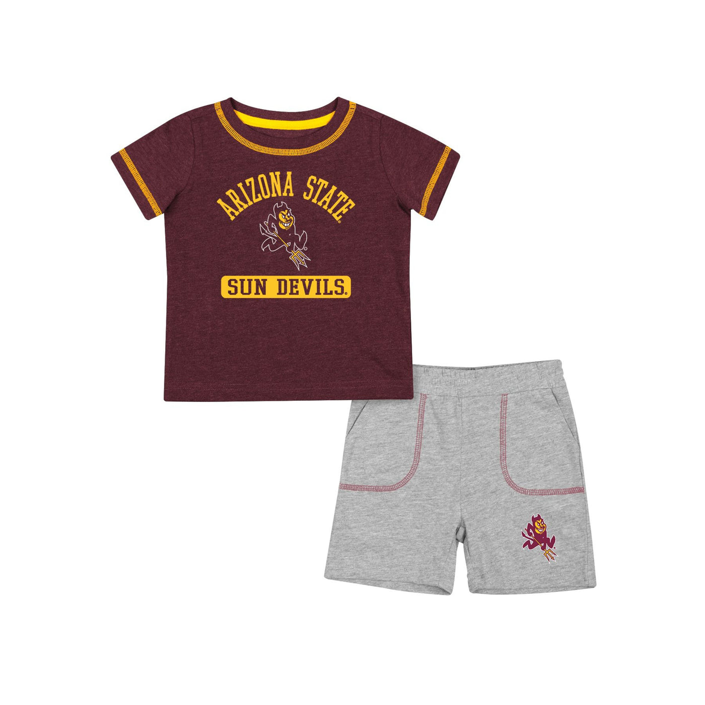 ASU infant shirt and short set. The shirt is maroon with gold stitching around the arm and neckline. On the shirt is gold text 