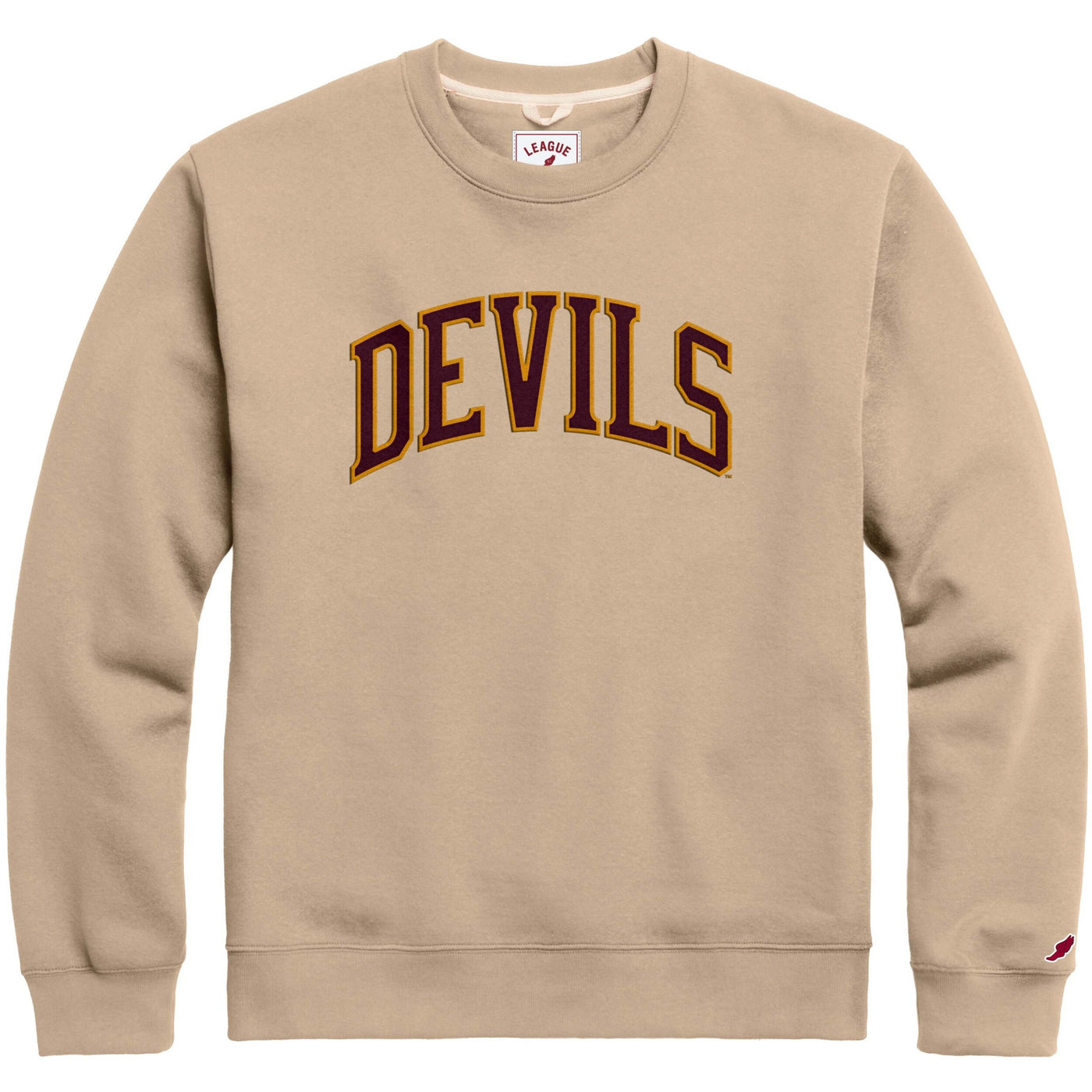 ASU tan crew neck with the patched text 