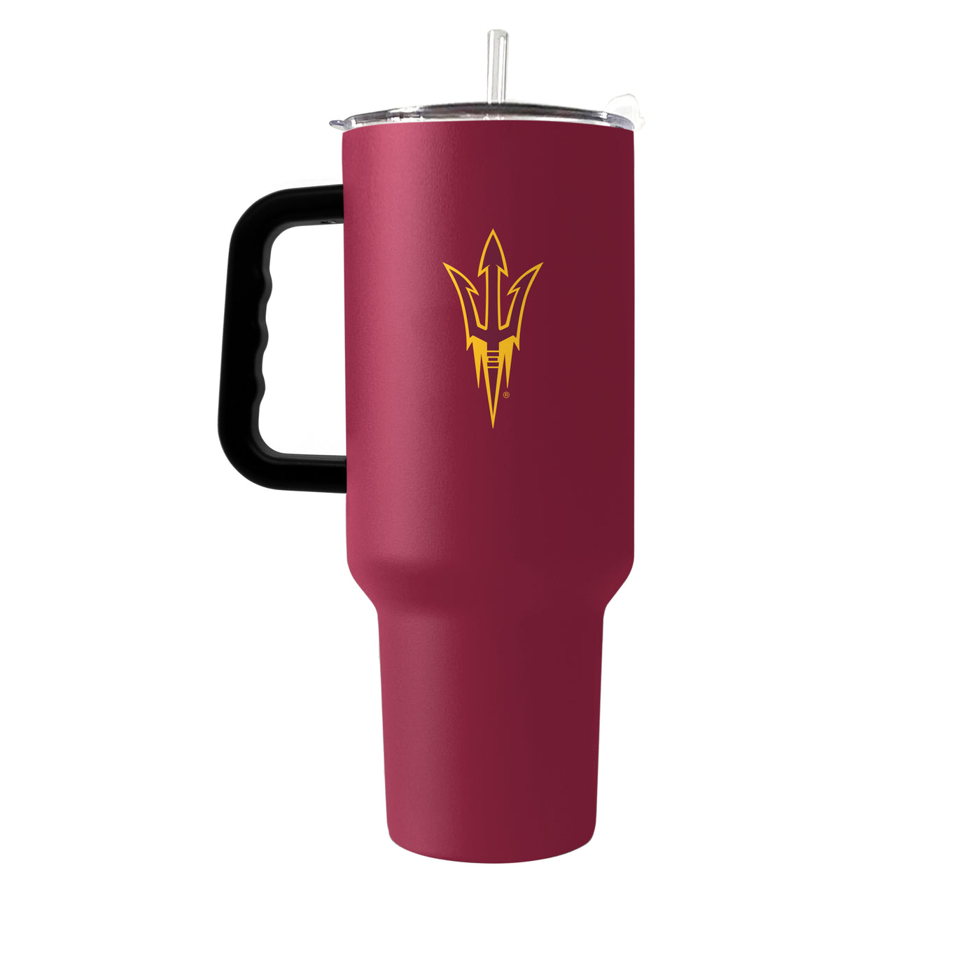Backside of ASU maroon tumbler with a gold outline of the pitchfork logo