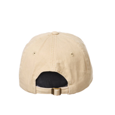 Shows the back of a khaki hat with an adjustable strap.
