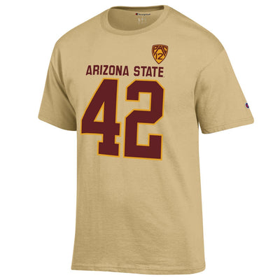 ASU kahki tee with maroon Arizona State printed over 42 on front. Small Pac 12 Shield above left chest.
